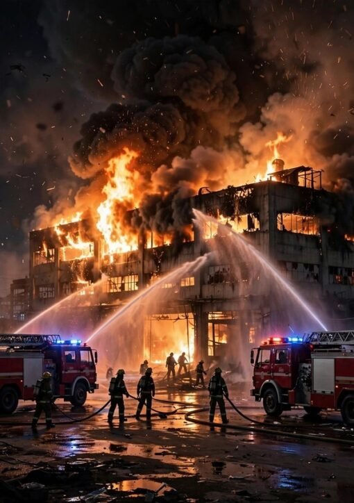 Firefighters battling the Karachi garment factory fire at night in Karachi's SITE area