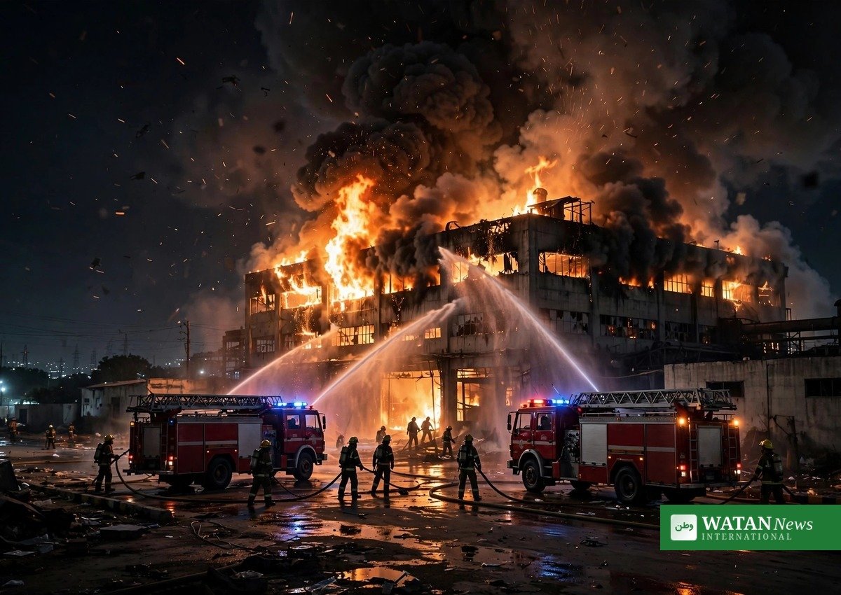 Firefighters battling the Karachi garment factory fire at night in Karachi's SITE area