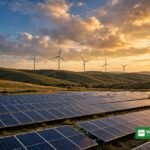 Solar panels and wind turbines at sunset — global renewable energy capacity hit a record in 2025