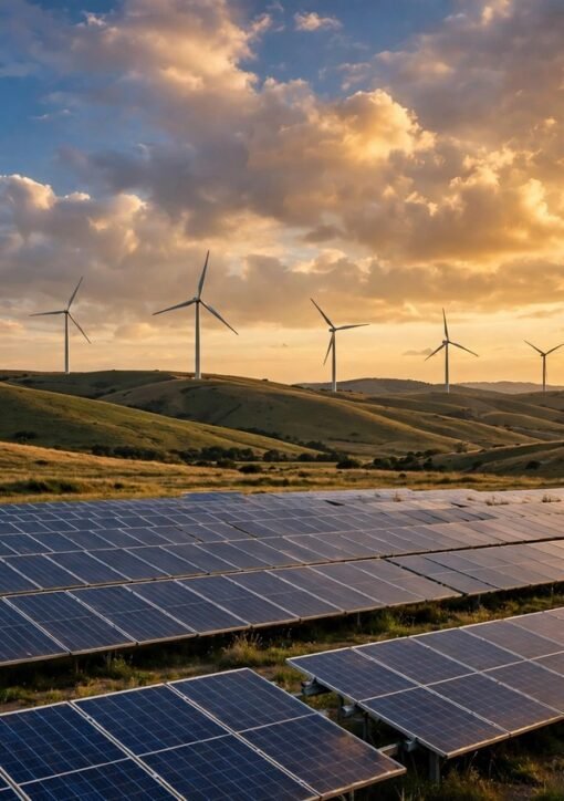 Solar panels and wind turbines at sunset — global renewable energy capacity hit a record in 2025