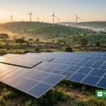 Solar panels and wind turbines at sunrise in India — a 500 MWp hybrid project will deliver 24/7 renewable power with battery storage