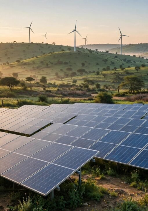 Solar panels and wind turbines at sunrise in India — a 500 MWp hybrid project will deliver 24/7 renewable power with battery storage