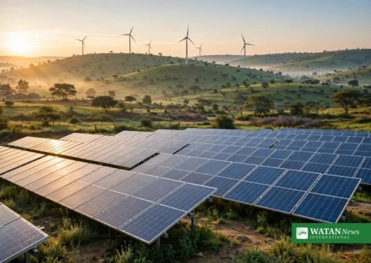 Solar panels and wind turbines at sunrise in India — a 500 MWp hybrid project will deliver 24/7 renewable power with battery storage