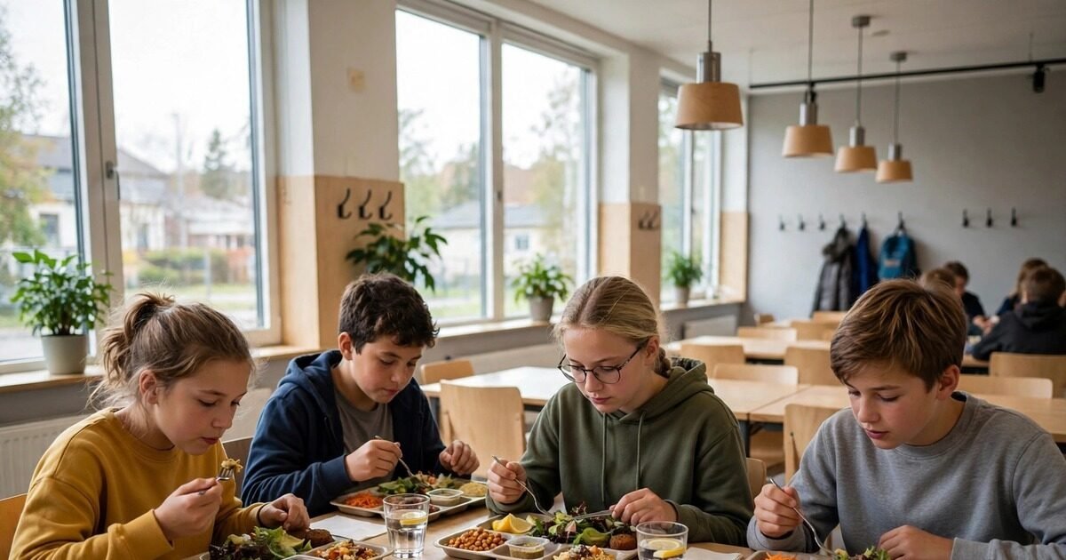 Skoleelever spiser farverige vegetariske skolemåltider i et svensk kantineområde — en ny undersøgelse viser, at smag, mæthed og genkendelighed afgør opbakningen til klimavenlige skolemåltider