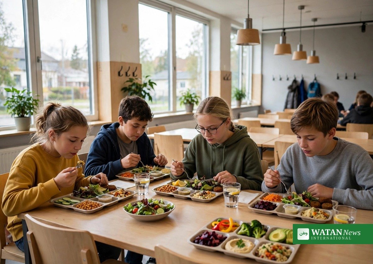 Skoleelever spiser farverige vegetariske skolemåltider i et svensk kantineområde — en ny undersøgelse viser, at smag, mæthed og genkendelighed afgør opbakningen til klimavenlige skolemåltider