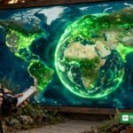 Journalist with camera and notebook in front of a glowing green Earth, illustrating planetary health journalism