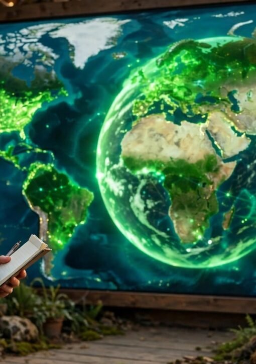Journalist with camera and notebook in front of a glowing green Earth, illustrating planetary health journalism