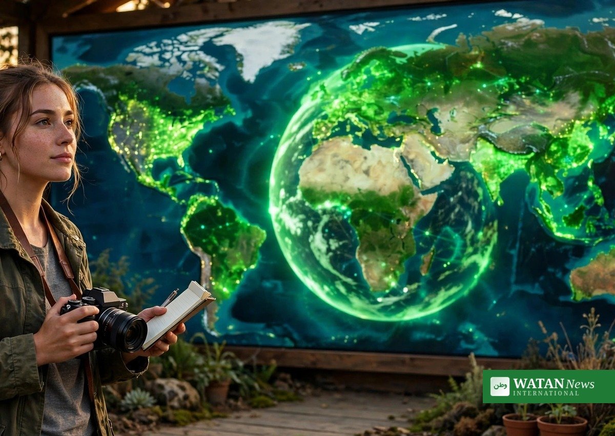 Journalist with camera and notebook in front of a glowing green Earth, illustrating planetary health journalism