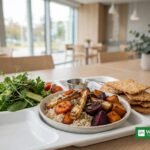 Vegansk hospitalsmåltid med ris, bagte rodfrugter og knækbrød – veganske måltider på danske hospitaler