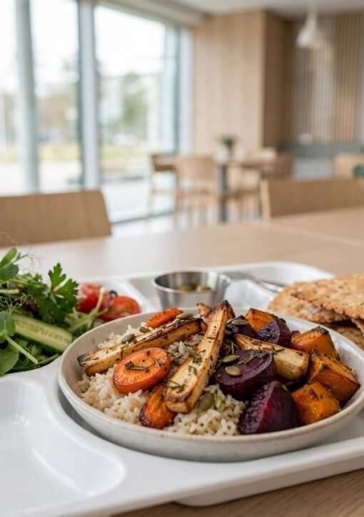 Vegansk hospitalsmåltid med ris, bagte rodfrugter og knækbrød – veganske måltider på danske hospitaler
