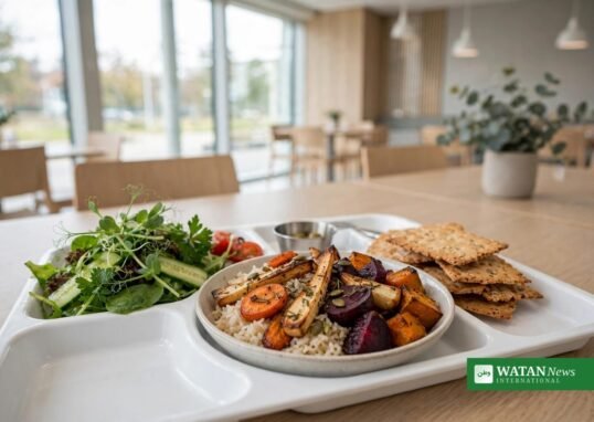 Vegansk hospitalsmåltid med ris, bagte rodfrugter og knækbrød – veganske måltider på danske hospitaler
