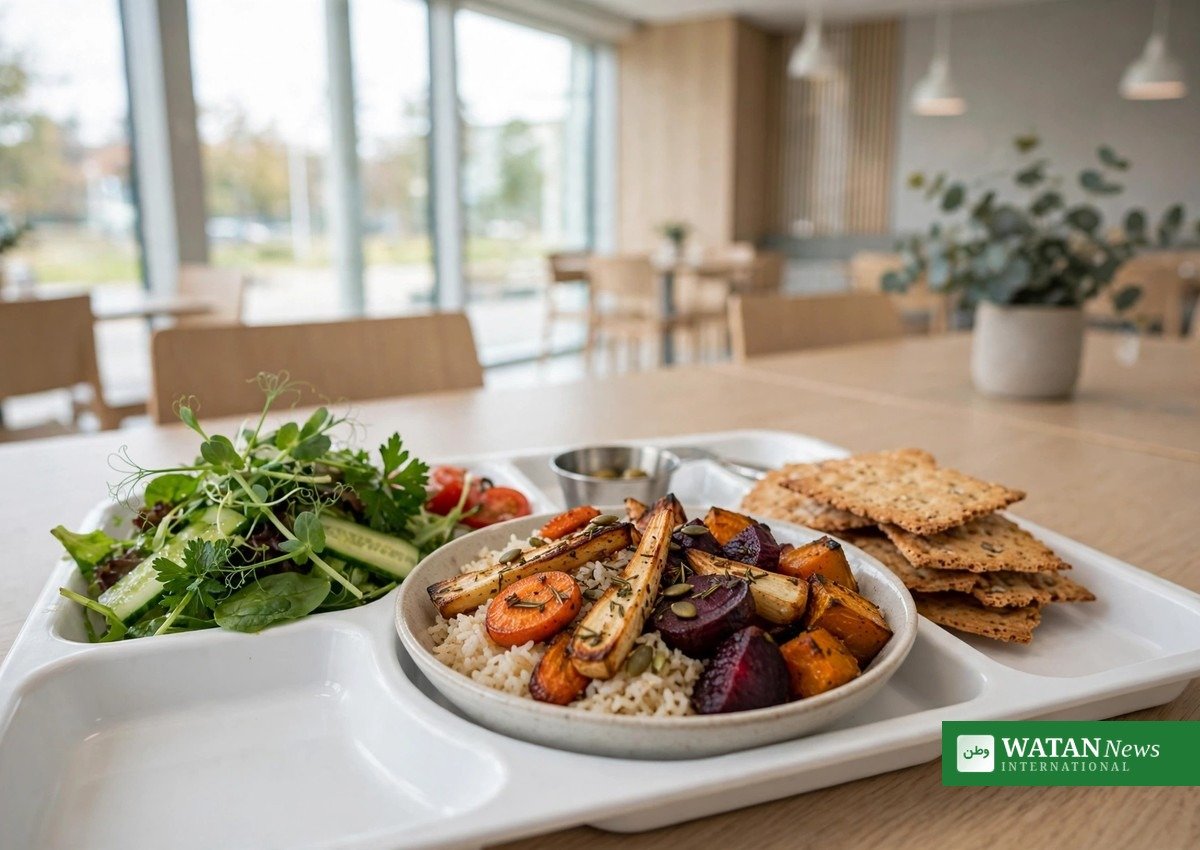 Vegansk hospitalsmåltid med ris, bagte rodfrugter og knækbrød – veganske måltider på danske hospitaler