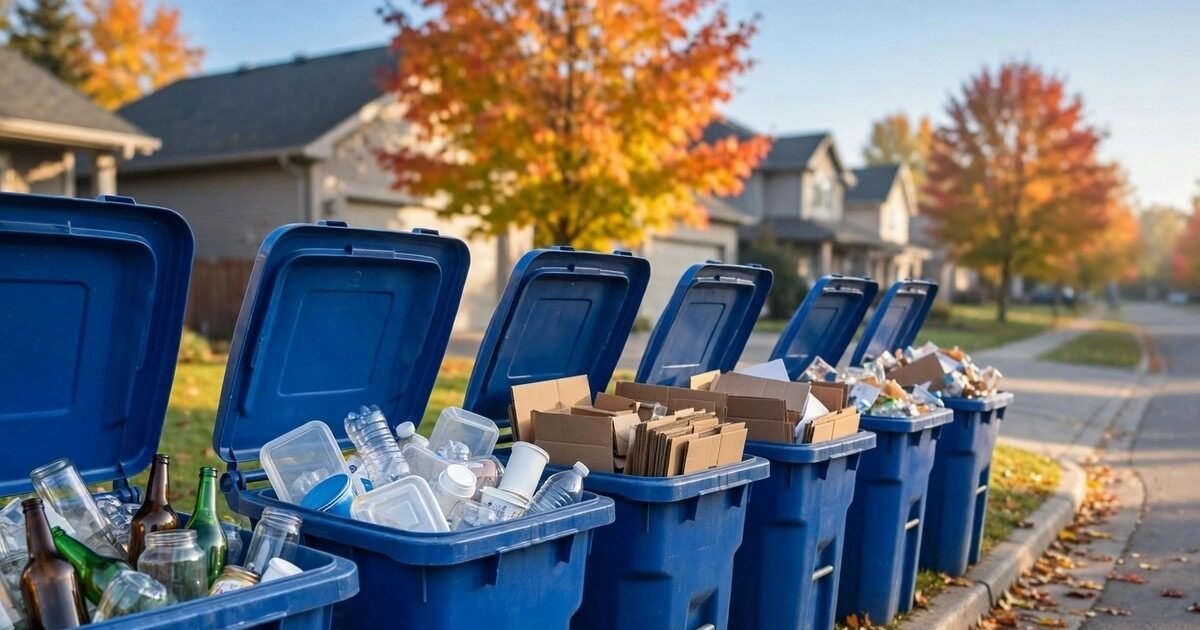 Blue recycling carts lined up on a Canadian suburban street — Alberta's expanded curbside recycling under phase 2 of extended producer responsibility