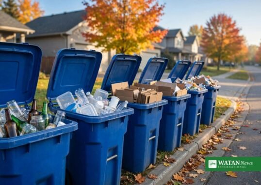 Blue recycling carts lined up on a Canadian suburban street — Alberta's expanded curbside recycling under phase 2 of extended producer responsibility