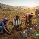 Landmænd planter frugttræplanter på en mark i Maharashtra under Maitree-plantningsprogrammet