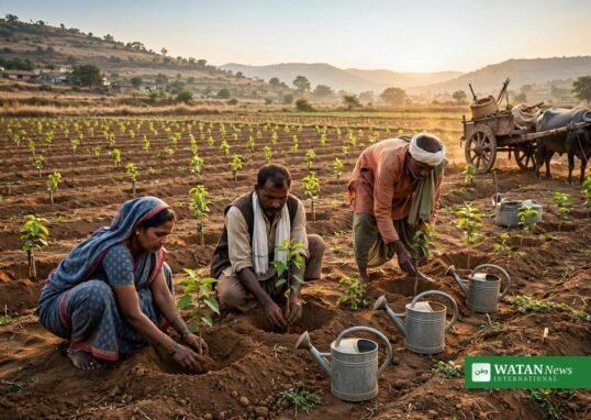 Landmænd planter frugttræplanter på en mark i Maharashtra under Maitree-plantningsprogrammet