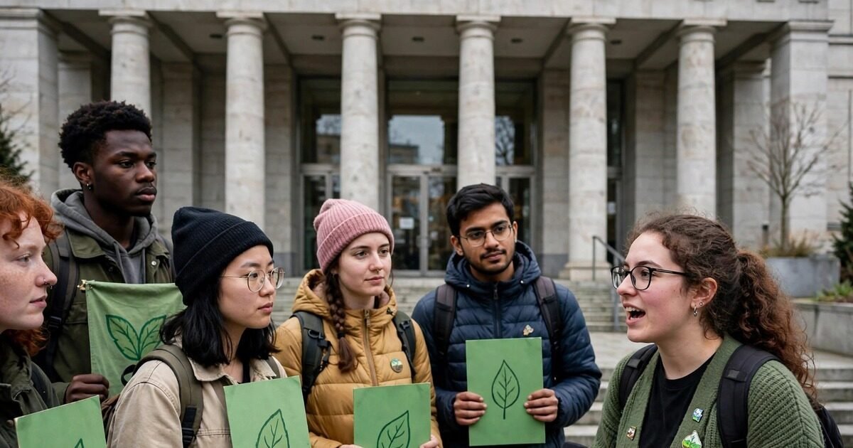 Aurora klimasag Sverige: unge klimaaktivister med grønne bannere foran en europæisk retsbygning