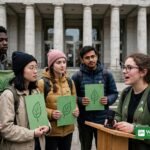 Young climate activists with green banners and placards outside a European courthouse building