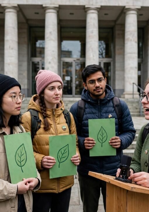 Young climate activists with green banners and placards outside a European courthouse building
