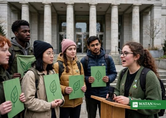 Young climate activists with green banners and placards outside a European courthouse building