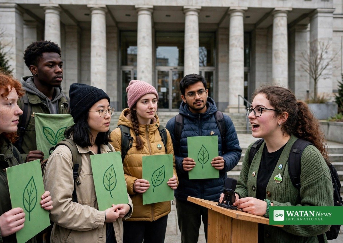 Aurora klimasag Sverige: unge klimaaktivister med grønne bannere foran en europæisk retsbygning