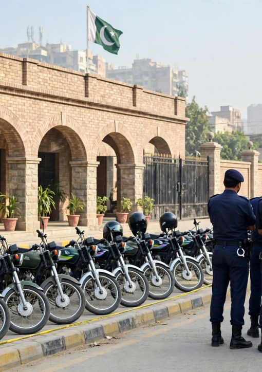 Rawalpindi Police arrests – police officers with recovered stolen motorcycles at a police station in Rawalpindi