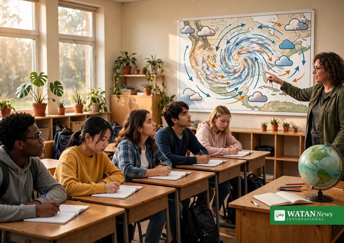 Gymnasieelever studerer klimavidenskab med en lærer, der peger på et vejrkort, og en grøn globus i klasseværelset