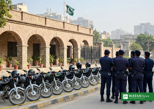 Rawalpindi Police arrests – police officers with recovered stolen motorcycles at a police station in Rawalpindi