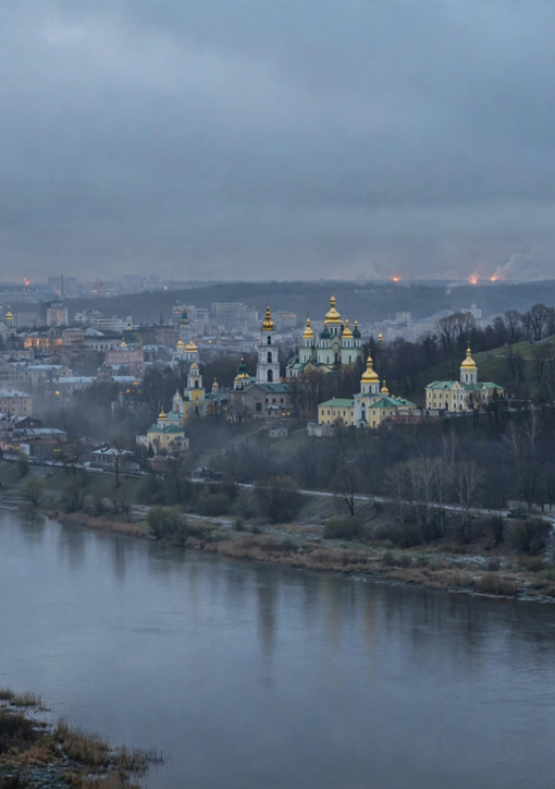 Kyiv skyline at dawn with the Motherland Monument and golden-domed churches, glow of distant explosions on the horizon after Russian strikes on Kyiv energy facilities