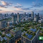 Tokyo skyline at dusk with green rooftop gardens and solar panels — TIME TO ACT FORUM 2026 gathers cities on climate action