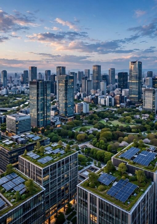 Tokyo skyline at dusk with green rooftop gardens and solar panels — TIME TO ACT FORUM 2026 gathers cities on climate action