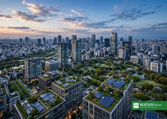Tokyo skyline at dusk with green rooftop gardens and solar panels — TIME TO ACT FORUM 2026 gathers cities on climate action