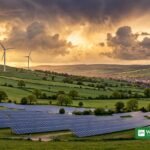 Wind turbines and solar panels on a European hillside — three projects awarded EU cross-border renewable energy status, including a 650 MW wind farm in Ukraine