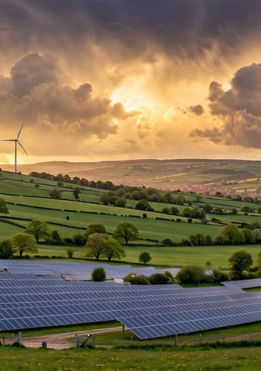 Wind turbines and solar panels on a European hillside — three projects awarded EU cross-border renewable energy status, including a 650 MW wind farm in Ukraine
