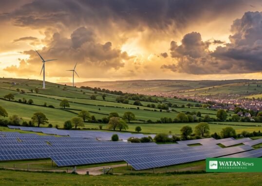 Wind turbines and solar panels on a European hillside — three projects awarded EU cross-border renewable energy status, including a 650 MW wind farm in Ukraine
