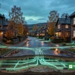 Et skandinavisk murstenskvarter i efterårsmørket med et glødende grønt energinetværk under gaden, der forbinder husene — en visualisering af fjernvarme