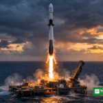 SpaceX rocket launching at dusk over the ocean — SpaceX shares pledged to children.