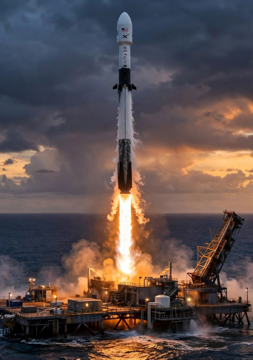SpaceX rocket launching at dusk over the ocean — SpaceX shares pledged to children.