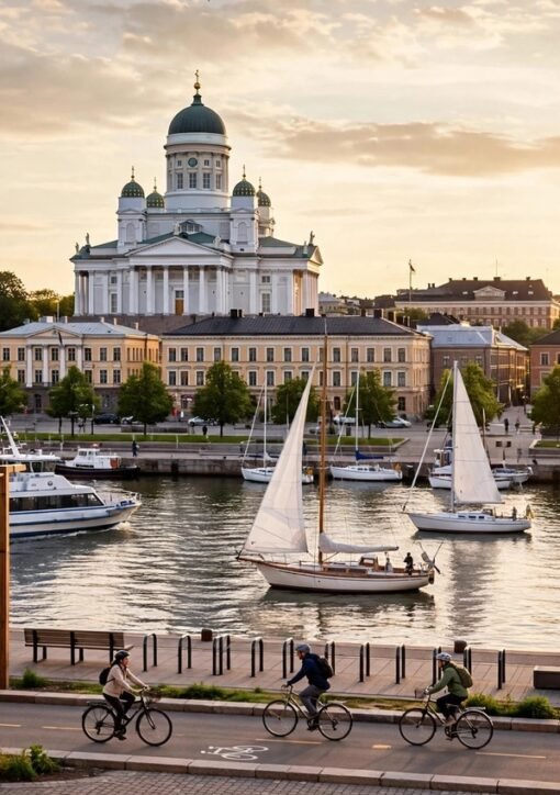 Helsinki harbor at golden hour with sailboats, the cathedral and cyclists on the waterfront promenade — Helsinki topped the 2026 GDS-Index