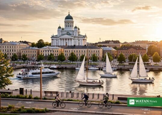 Helsinki harbor at golden hour with sailboats, the cathedral and cyclists on the waterfront promenade — Helsinki topped the 2026 GDS-Index