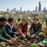 Young people planting seedlings in a Chicago community garden as part of youth-led climate action