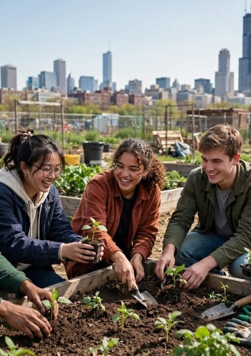 Young people planting seedlings in a Chicago community garden as part of youth-led climate action
