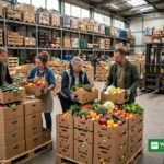 Volunteers sorting boxes of rescued fresh vegetables and fruit at a food bank warehouse — first food waste carbon credits under Verra's VM0046 methodology