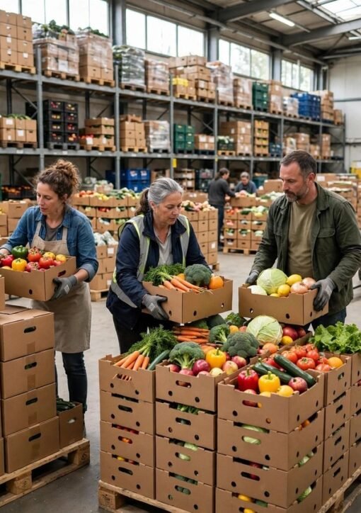 Volunteers sorting boxes of rescued fresh vegetables and fruit at a food bank warehouse — first food waste carbon credits under Verra's VM0046 methodology