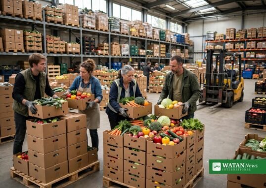 Volunteers sorting boxes of rescued fresh vegetables and fruit at a food bank warehouse — first food waste carbon credits under Verra's VM0046 methodology