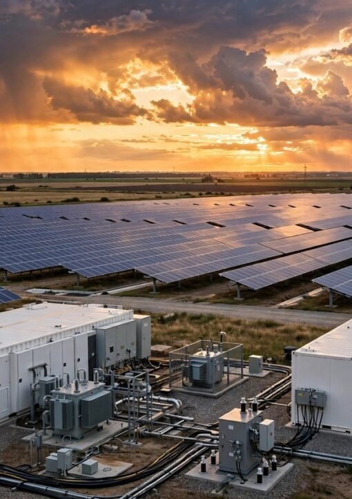 Baltic battery storage plant with solar panels at European Energy hybrid facility in Lithuania