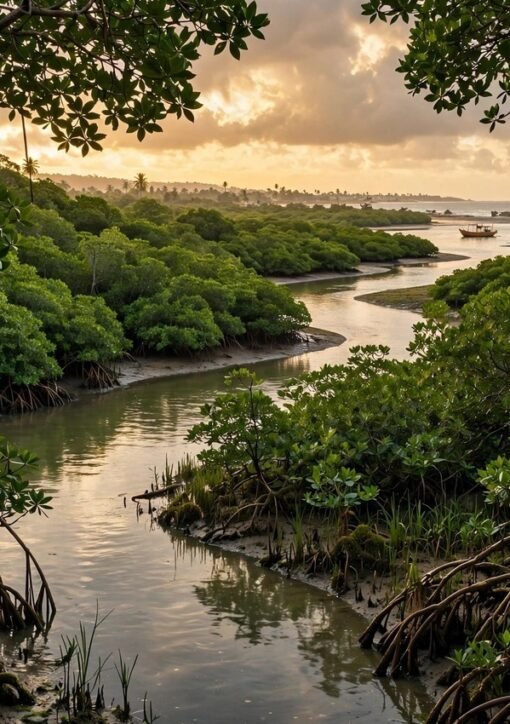Community members planting mangrove seedlings in coastal mudflats as part of the mangrove restoration project in Liberia