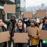 Young climate activists with placards outside a courthouse in Vancouver ahead of the youth climate trial against Ottawa
