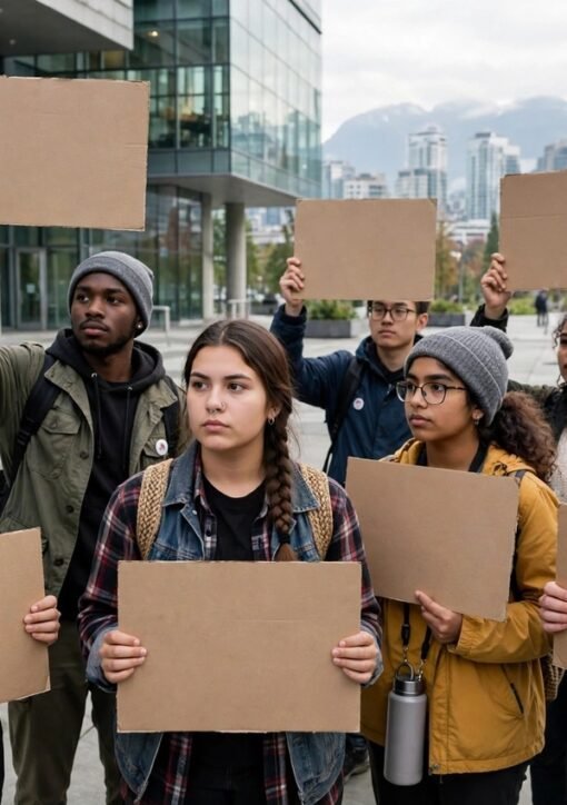 Young climate activists with placards outside a courthouse in Vancouver ahead of the youth climate trial against Ottawa