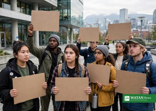 Young climate activists with placards outside a courthouse in Vancouver ahead of the youth climate trial against Ottawa